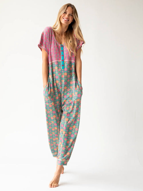 Mix & Match Waffle Jumpsuit - Hot Pink Green Mixed Floral