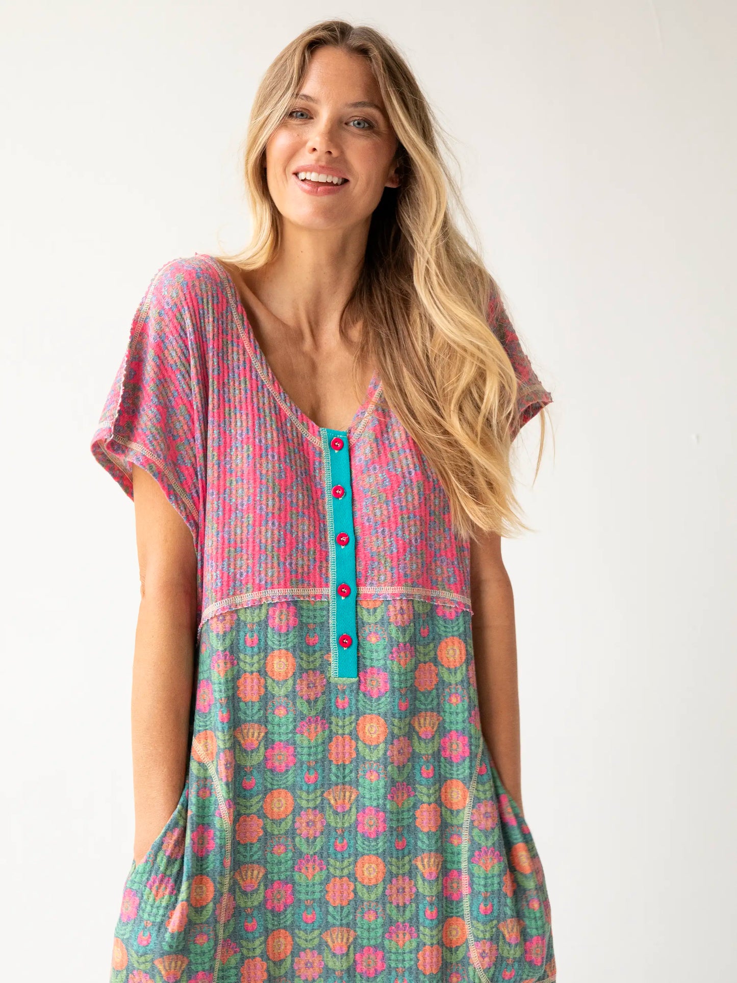 Mix & Match Waffle Jumpsuit - Hot Pink Green Mixed Floral