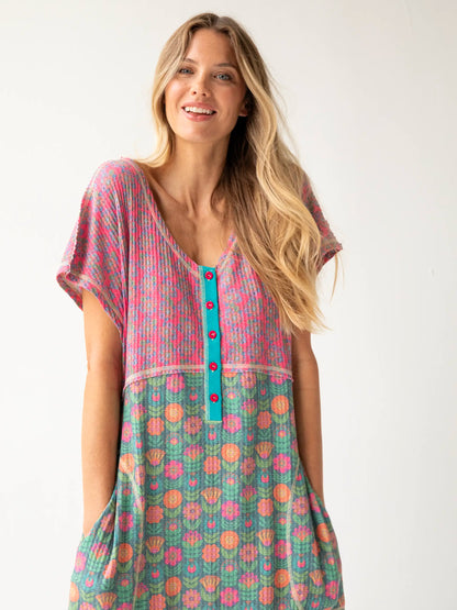 Mix & Match Waffle Jumpsuit - Hot Pink Green Mixed Floral