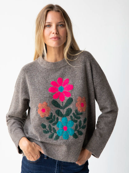 Everyone's Favorite Sweater - Brown Folk Flower