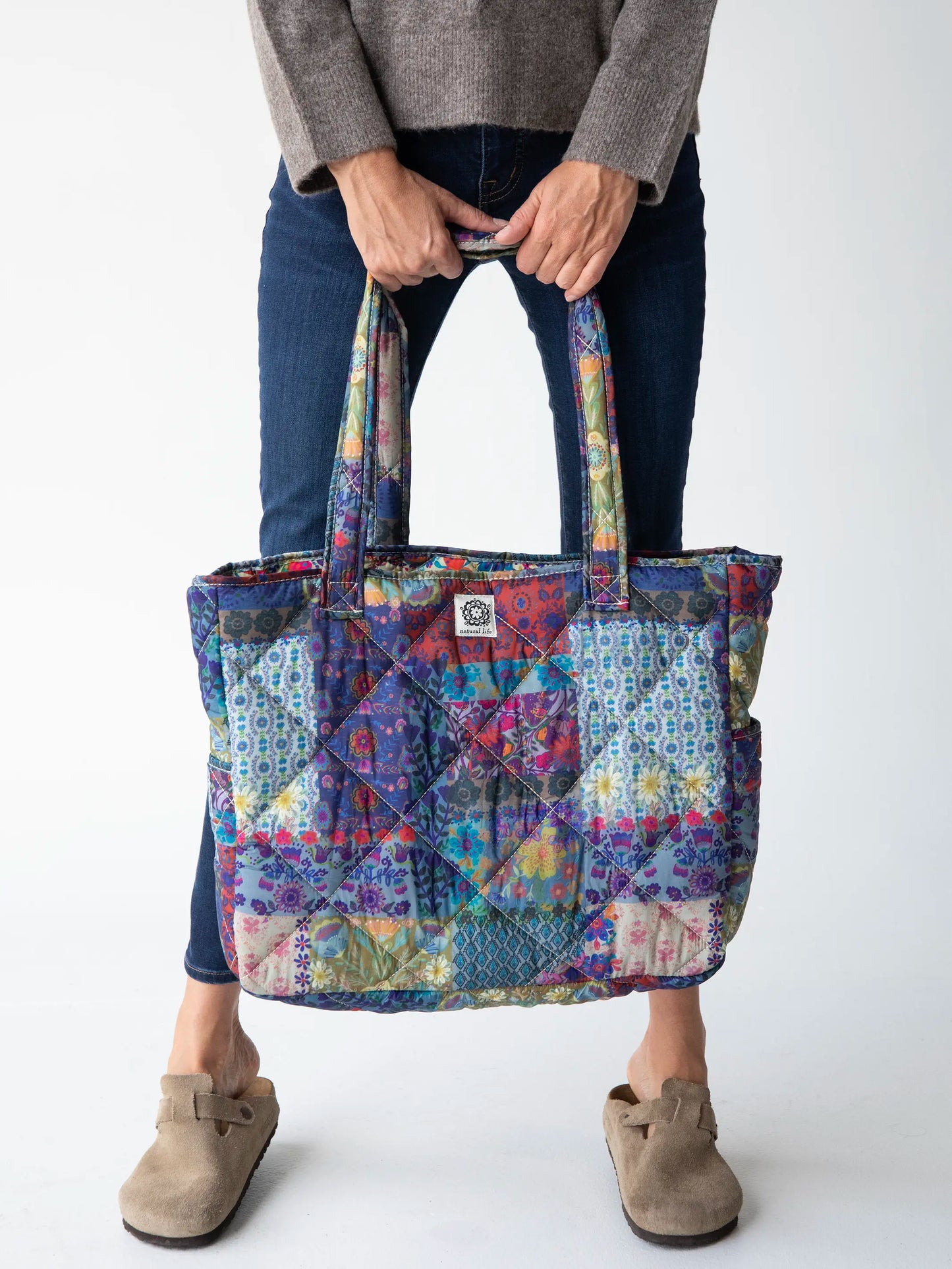Reversible Puffy Tote Bag - Large Mandala Borders Patchwork