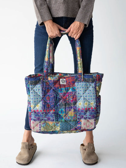 Reversible Puffy Tote Bag - Large Mandala Borders Patchwork