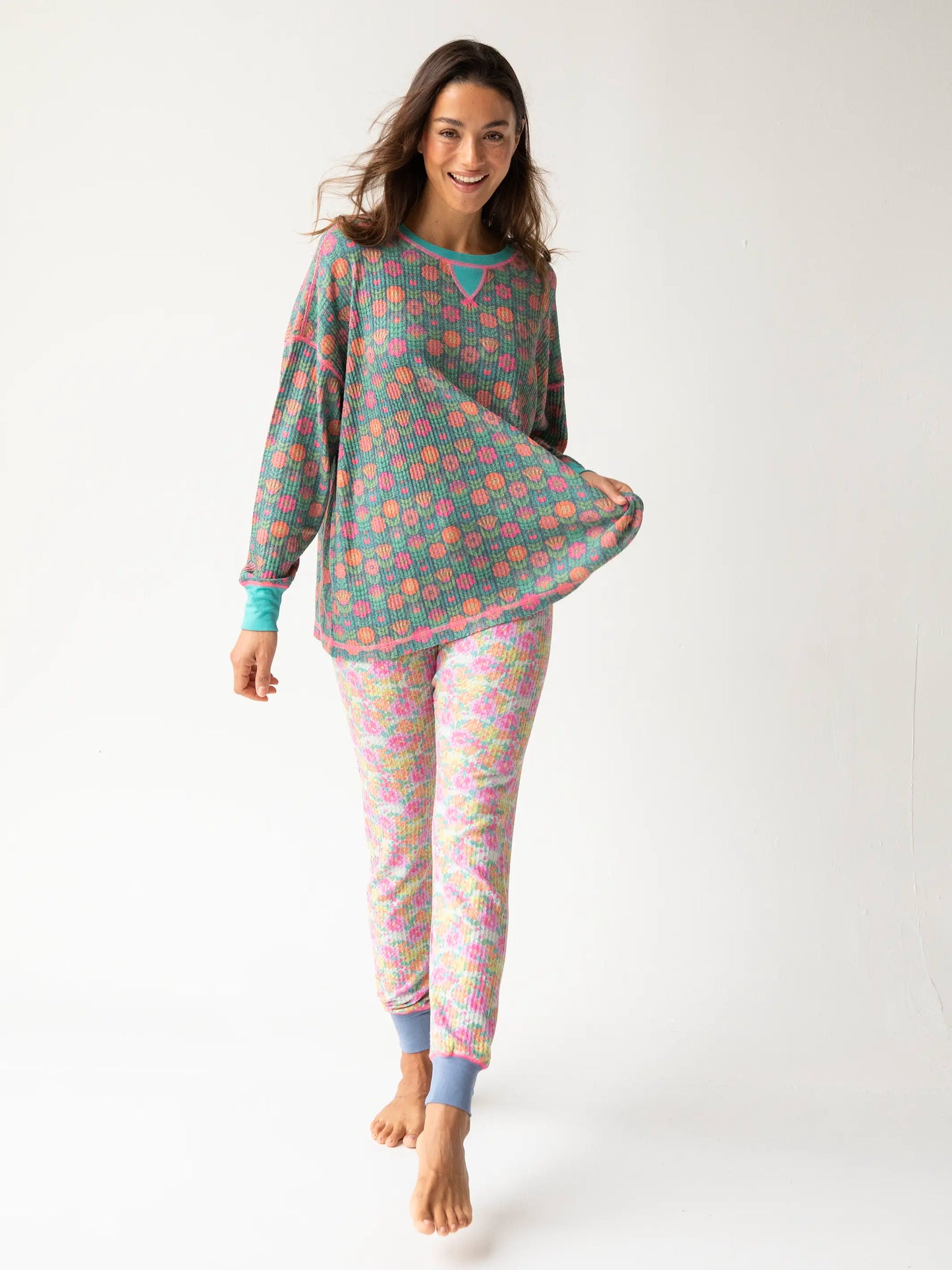 Mix & Match Waffle Long Johns - Grey Lavender Floral
