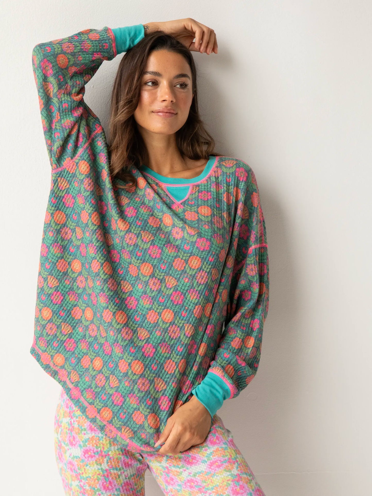Mix & Match Waffle Pajama Top - Teal Mod Floral