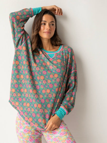 Mix & Match Waffle Pajama Top - Teal Mod Floral