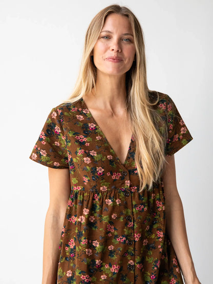 Avery Corduroy Midi Dress - Brown Green Bouquets Floral