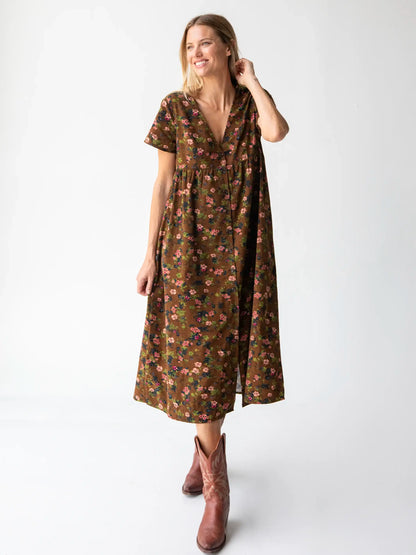 Avery Corduroy Midi Dress - Brown Green Bouquets Floral