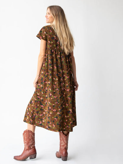 Avery Corduroy Midi Dress - Brown Green Bouquets Floral