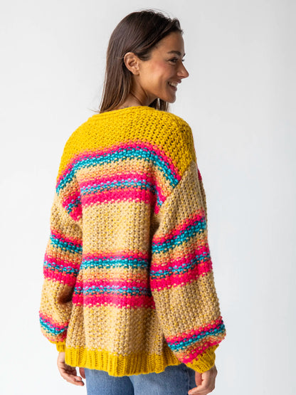 Oversized Striped Cardigan Sweater - Mustard