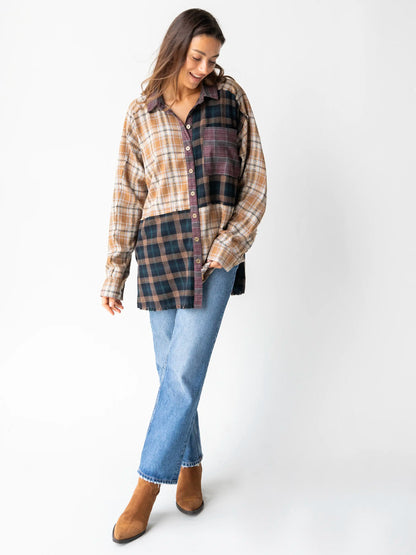 Elliott Mixed Flannel Button Down Top - Tan Navy Mixed Plaid
