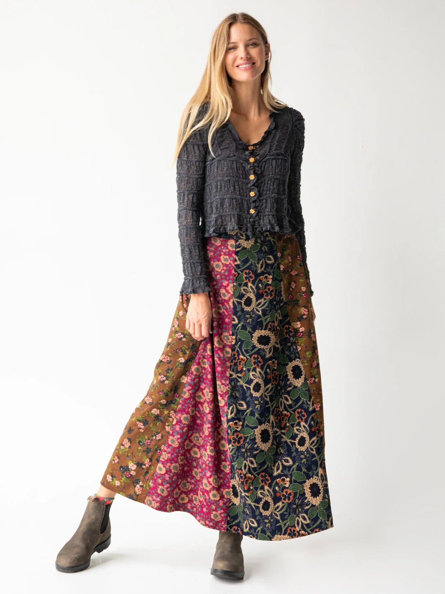 Valentina Corduroy Maxi Skirt - Cranberry Navy Brown Mixed Floral