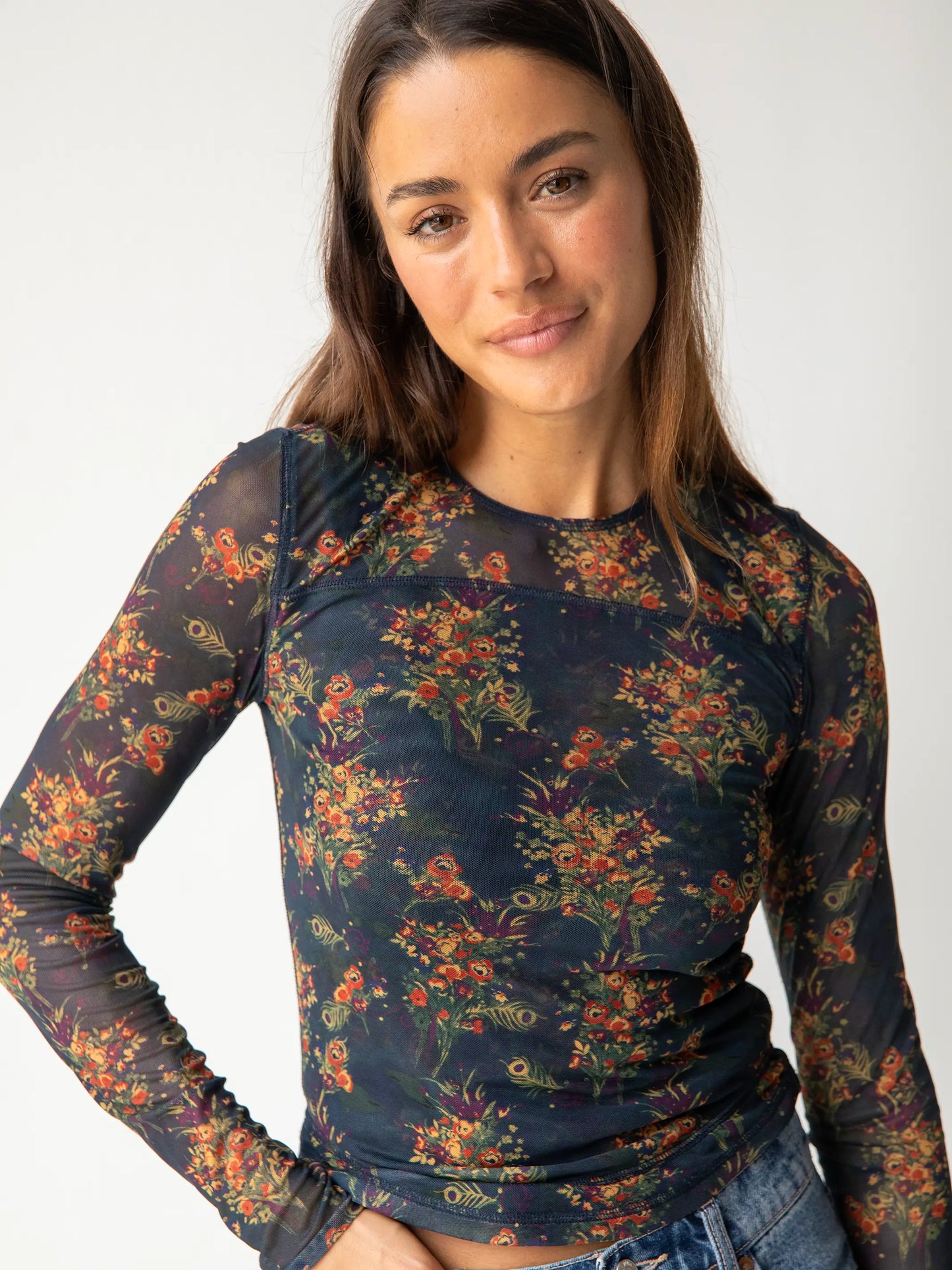 Sloane Mesh Long Sleeve Top - Navy Red Feathers