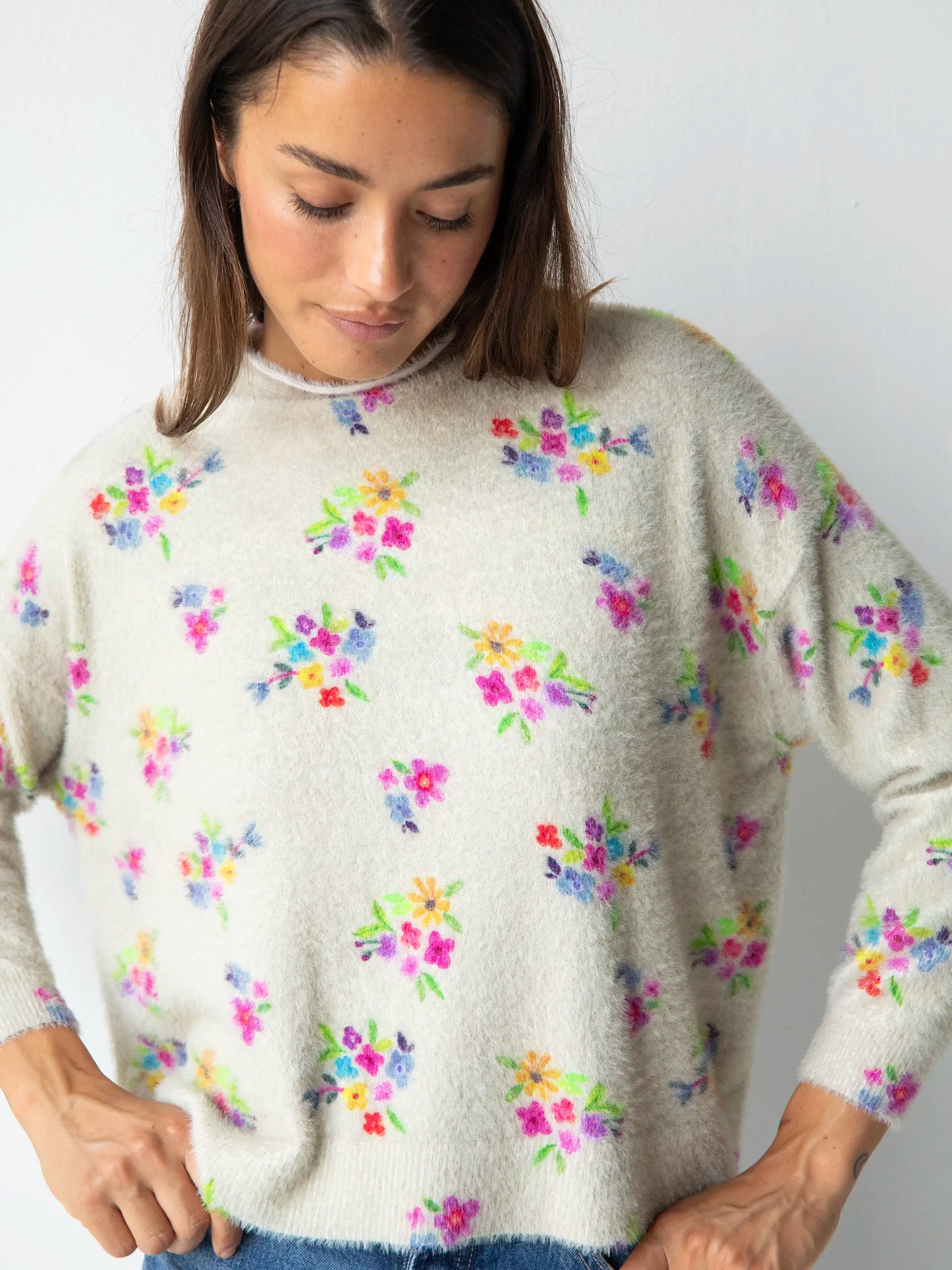 Cashmere-Like Fuzzy Pullover Sweater - Cream Multi Floral