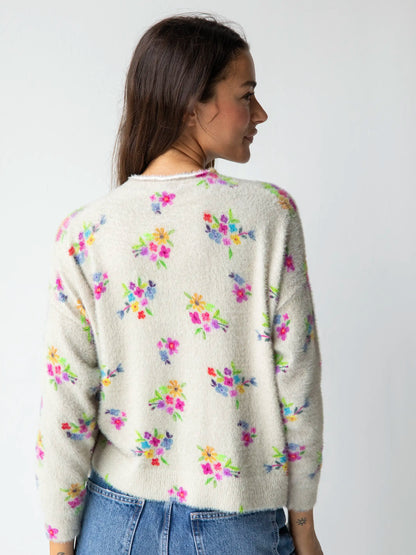 Cashmere-Like Fuzzy Pullover Sweater - Cream Multi Floral