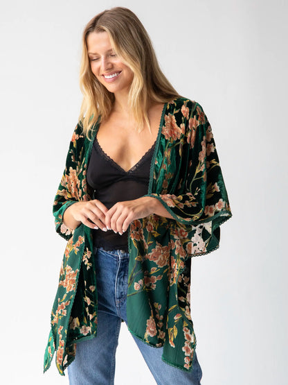 Velvet Burnout Kimono - Emerald Floral