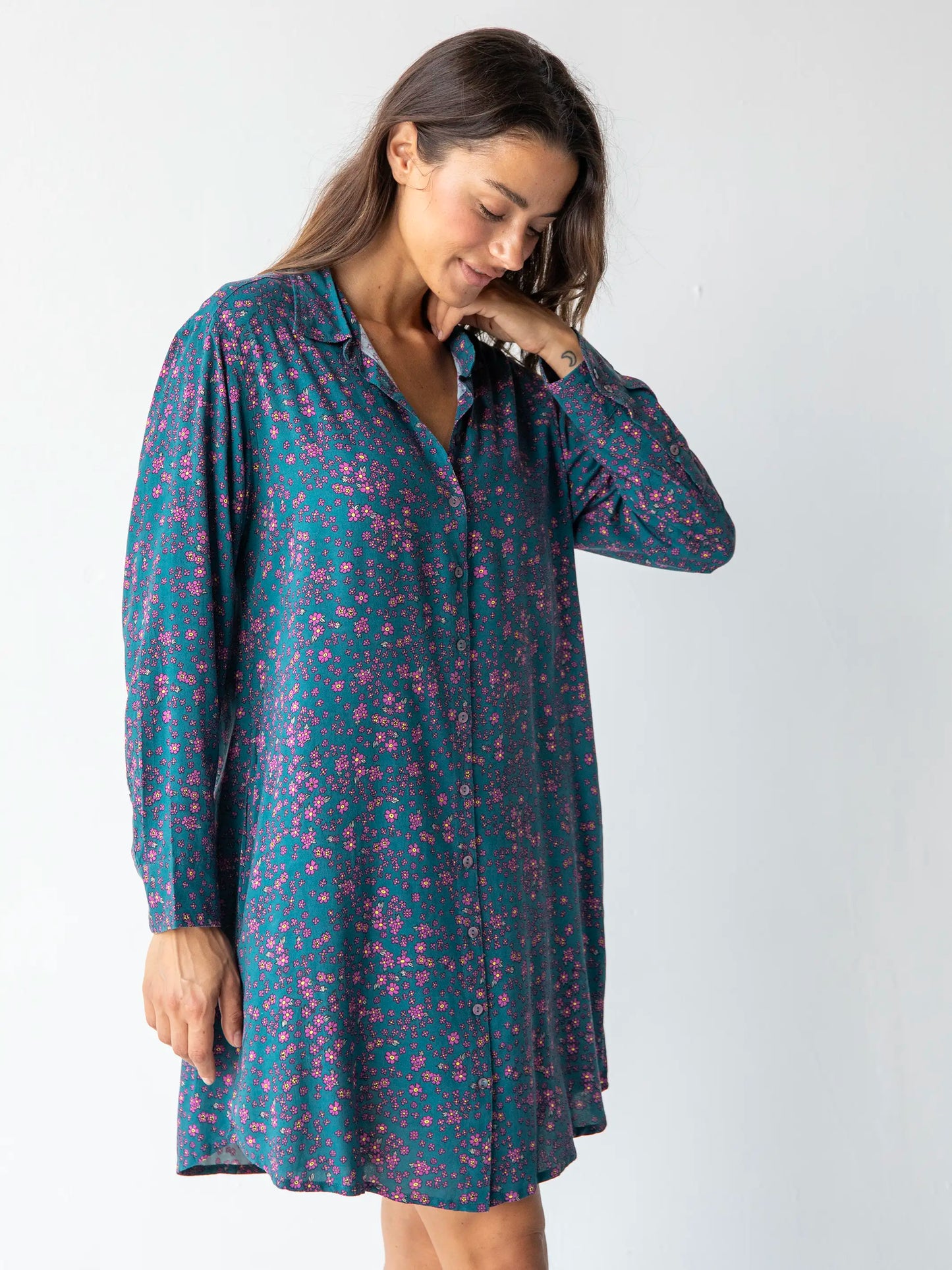 Georgia Shirt Dress - Dark Teal Purple Floral