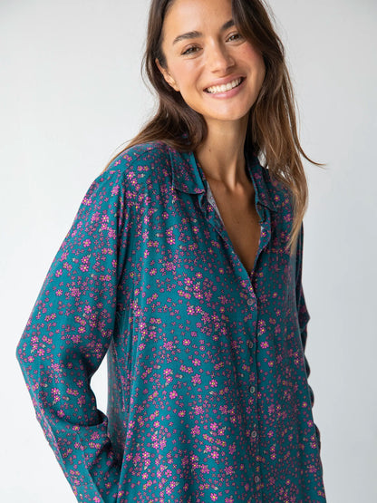 Georgia Shirt Dress - Dark Teal Purple Floral