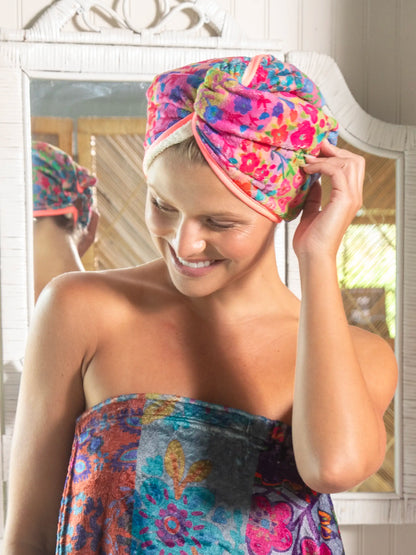 Microfiber Hair Towel Wrap - Rainbow Floral Rows