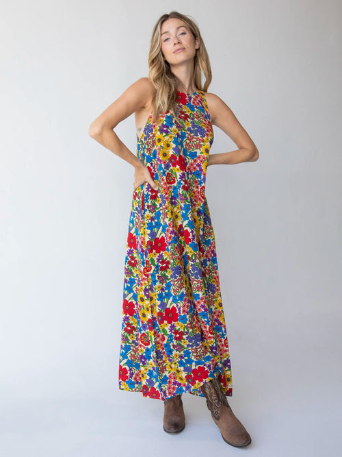 Katie Sleeveless Maxi Dress - Red Yellow Blue Floral