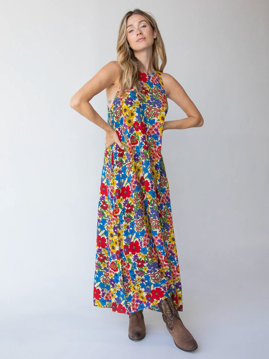 Katie Sleeveless Maxi Dress - Red Yellow Blue Floral