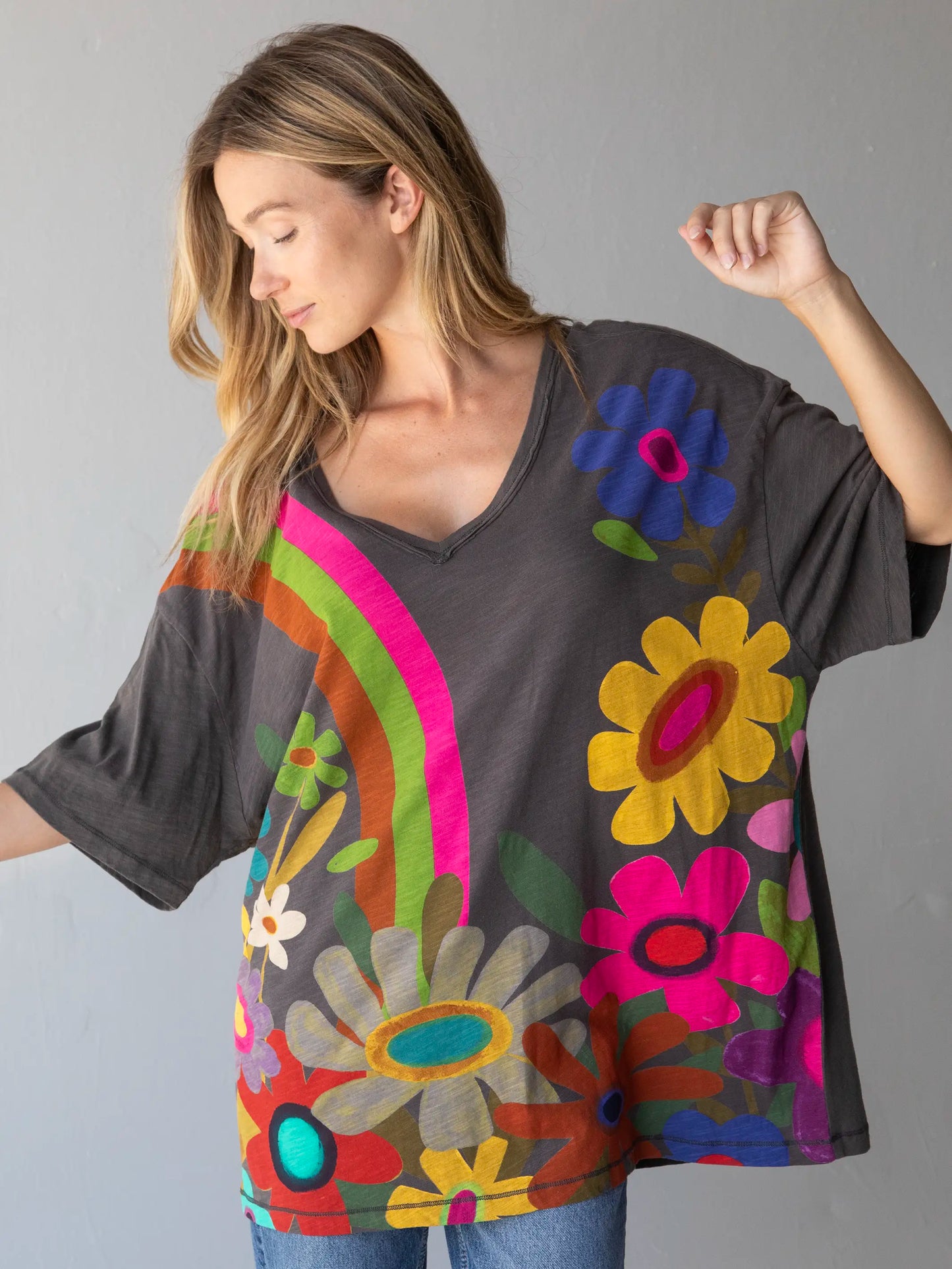 One Size Cotton Easy V-Neck Tee - Charcoal Flowers