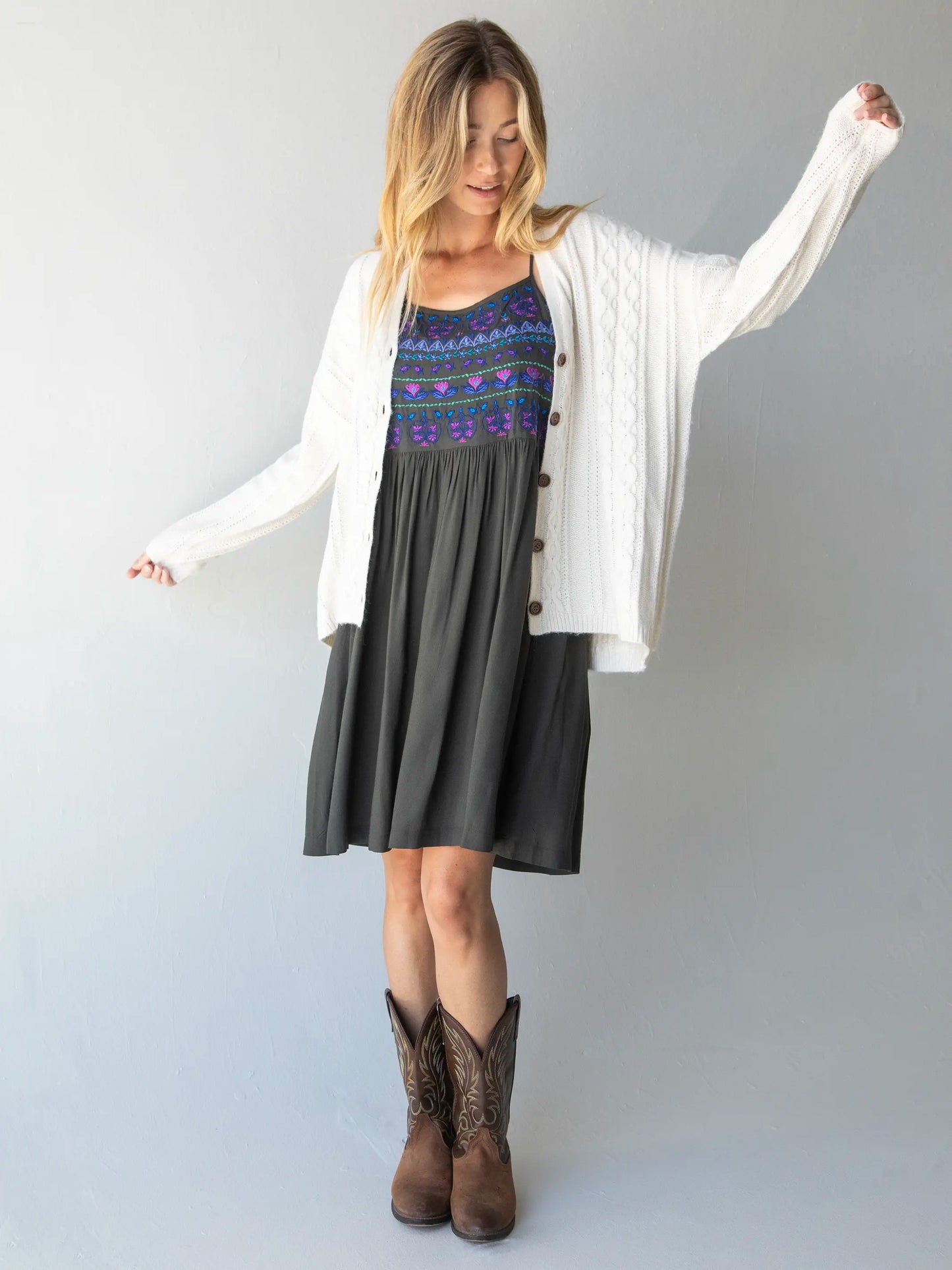 Sara Embroidered  Mini Dress - Charcoal