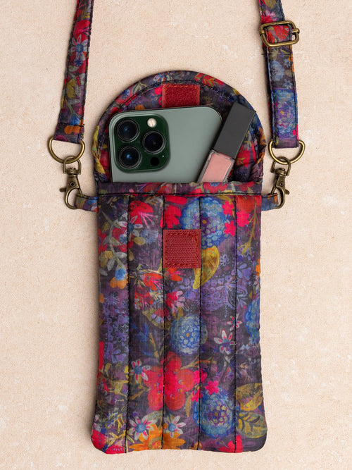 Puffy Phone Pouch - Dark Floral Garden