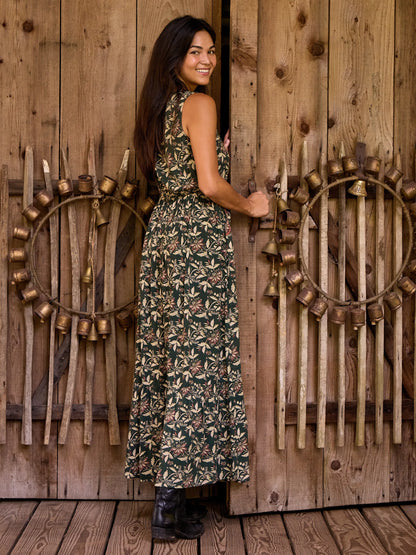 Paige Maxi Dress - Dark Olive Tan Leaf