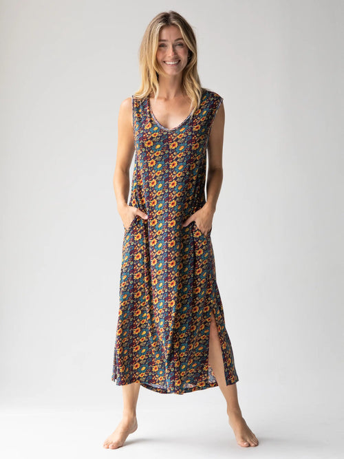 Hangout Cotton Midi Dress - Navy Olive Floral