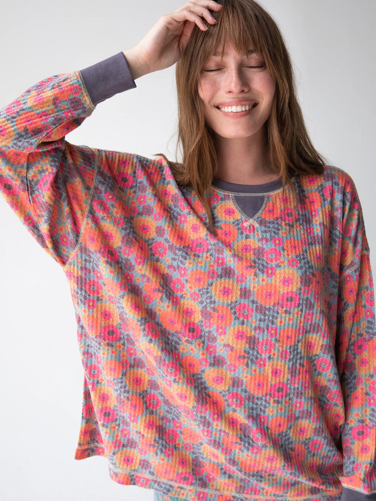 Mix & Match Waffle Pajama Top - Mustard Magenta Dahlias