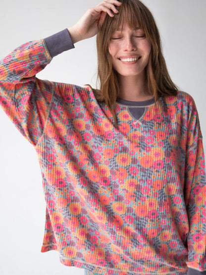 Mix & Match Waffle Pajama Top - Mustard Magenta Dahlias