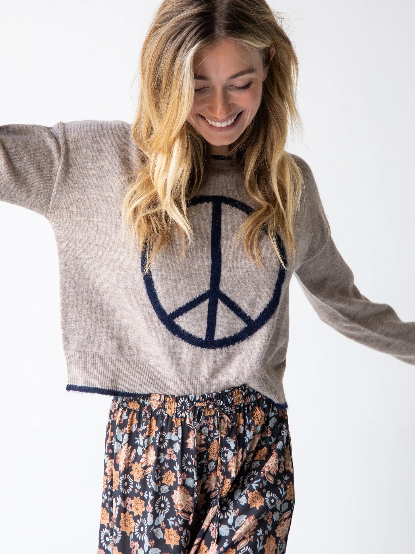 Go With The Flow Wide Leg Pant - Charcoal Light Blue Floral Border