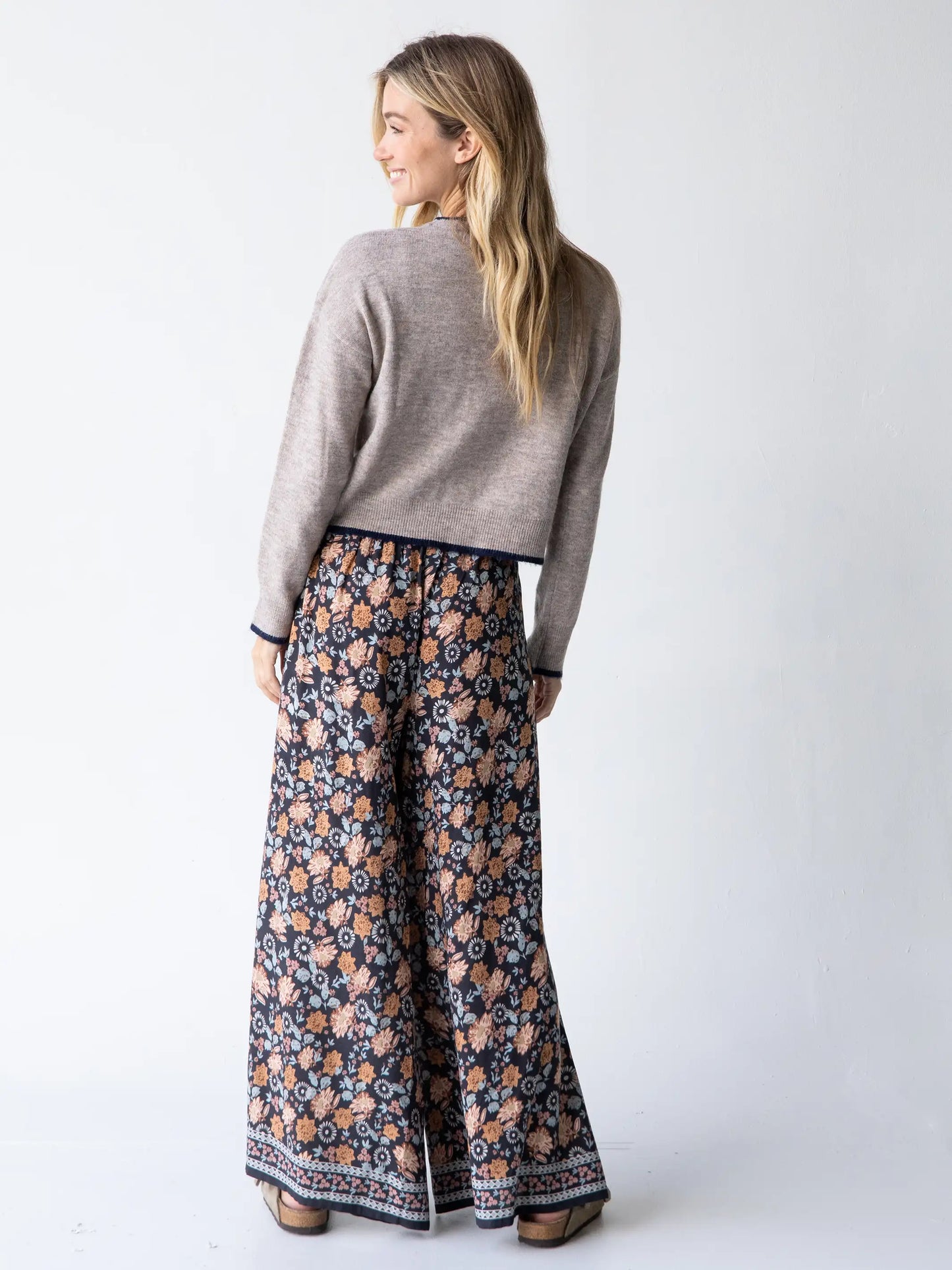 Go With The Flow Wide Leg Pant - Charcoal Light Blue Floral Border