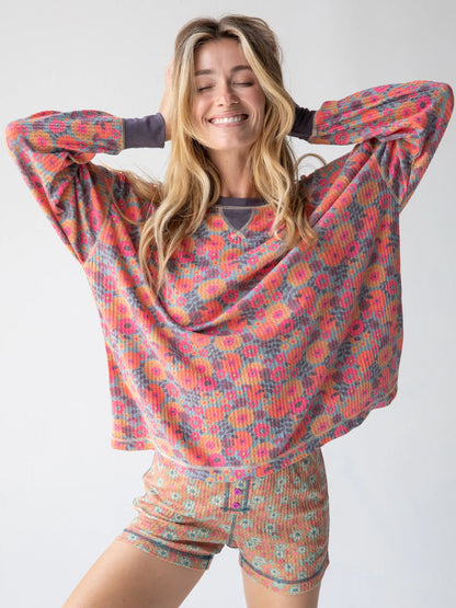 Mix & Match Waffle Pajama Top - Mustard Magenta Dahlias