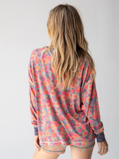 Mix & Match Waffle Pajama Top - Mustard Magenta Dahlias