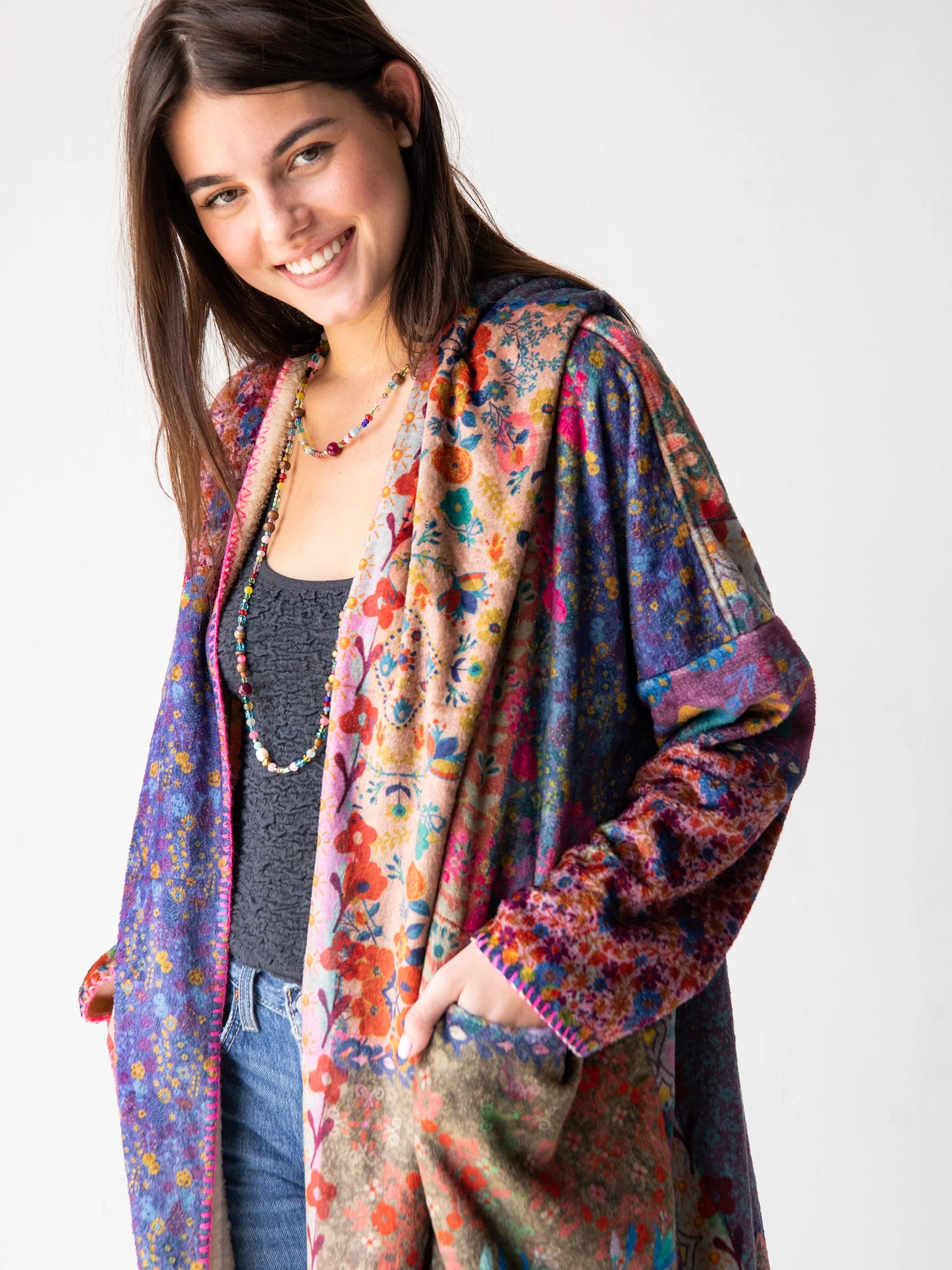 Long Cozy Blanket Kimono - Vintage Patchwork