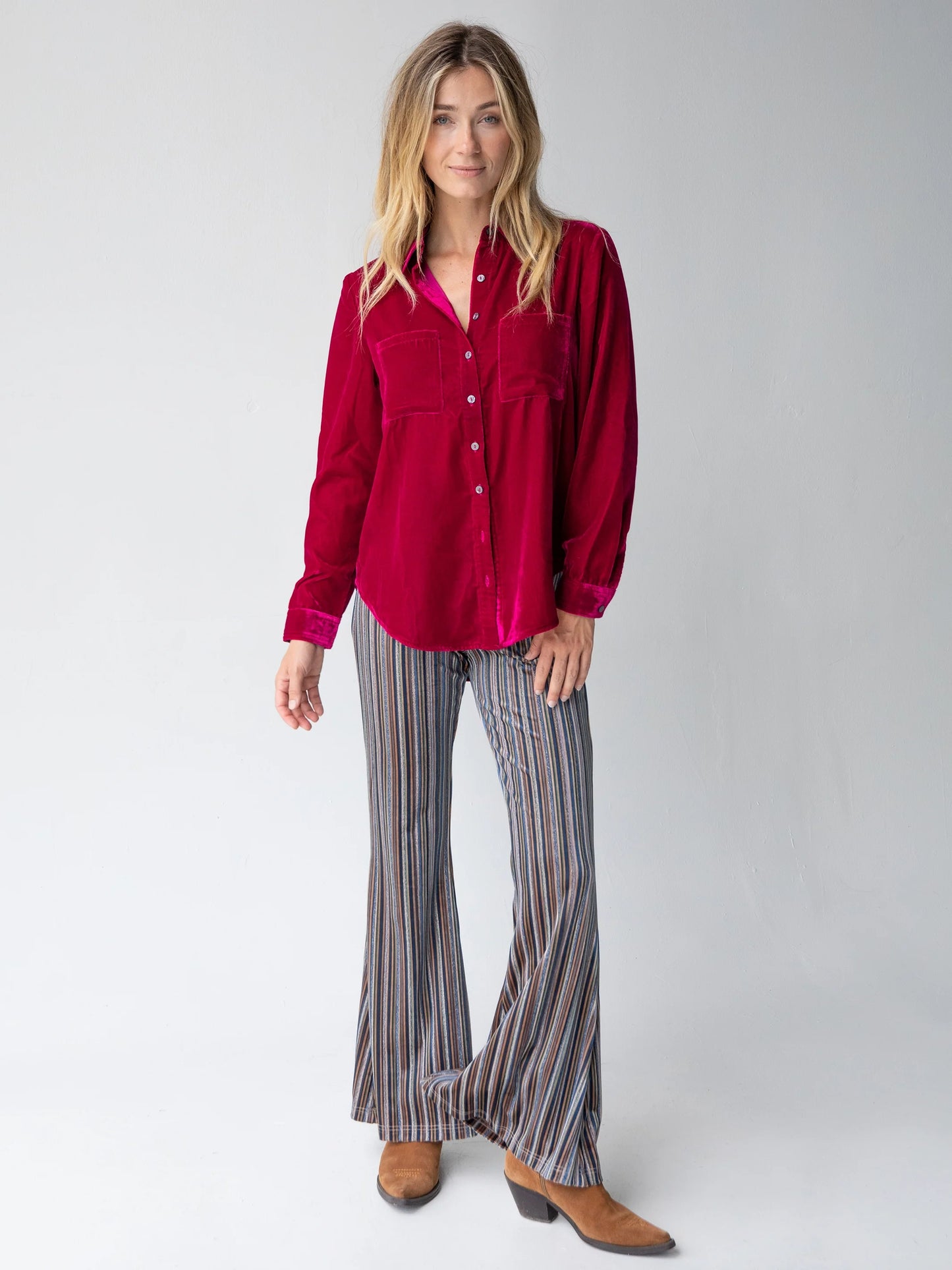 Rocky Velvet Button Down - Dark Magenta