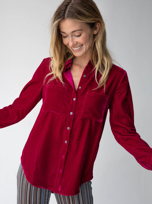 Rocky Velvet Button Down - Dark Magenta