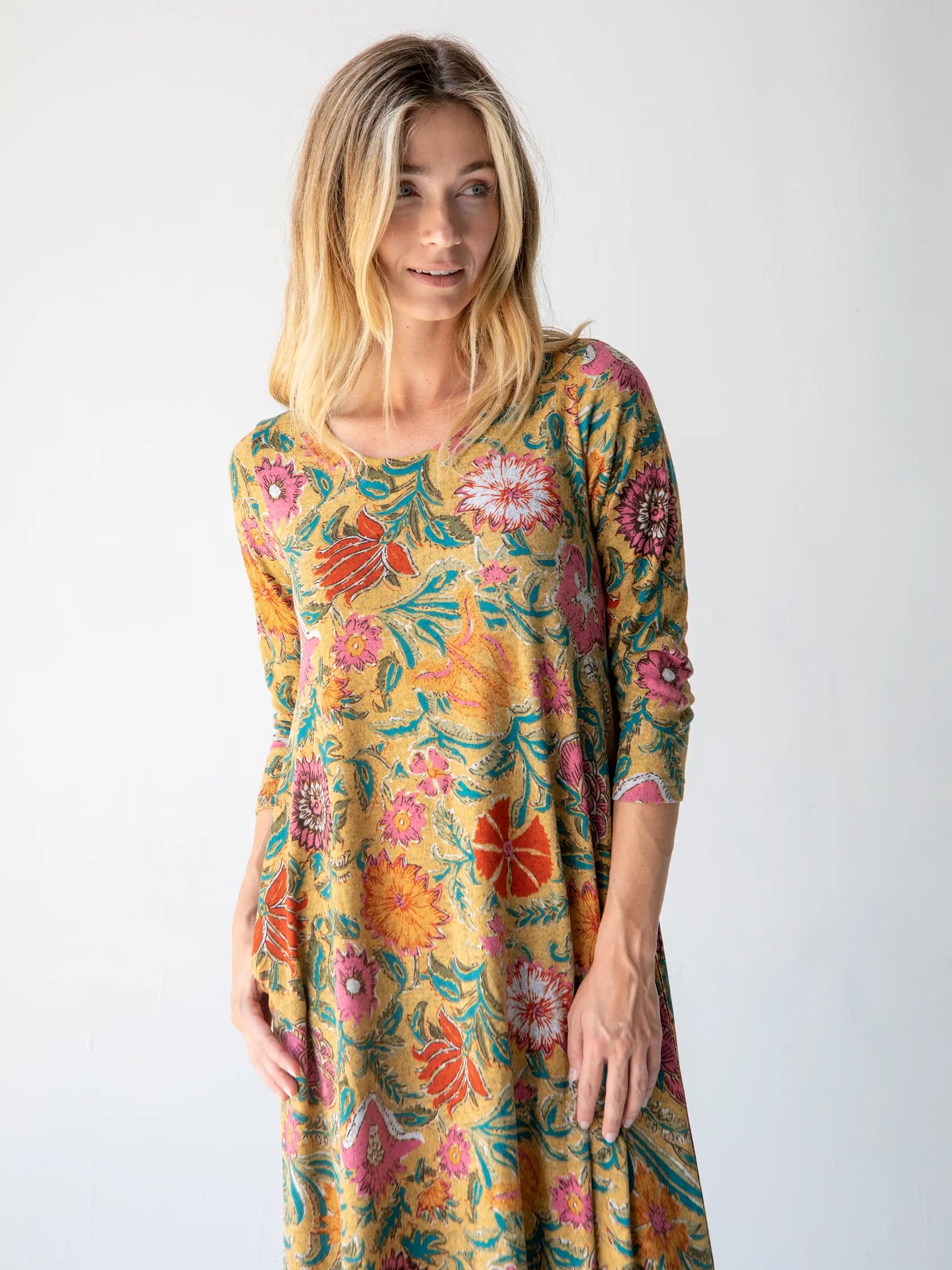 Lottie Knit Maxi Dress - Tan Pink Floral