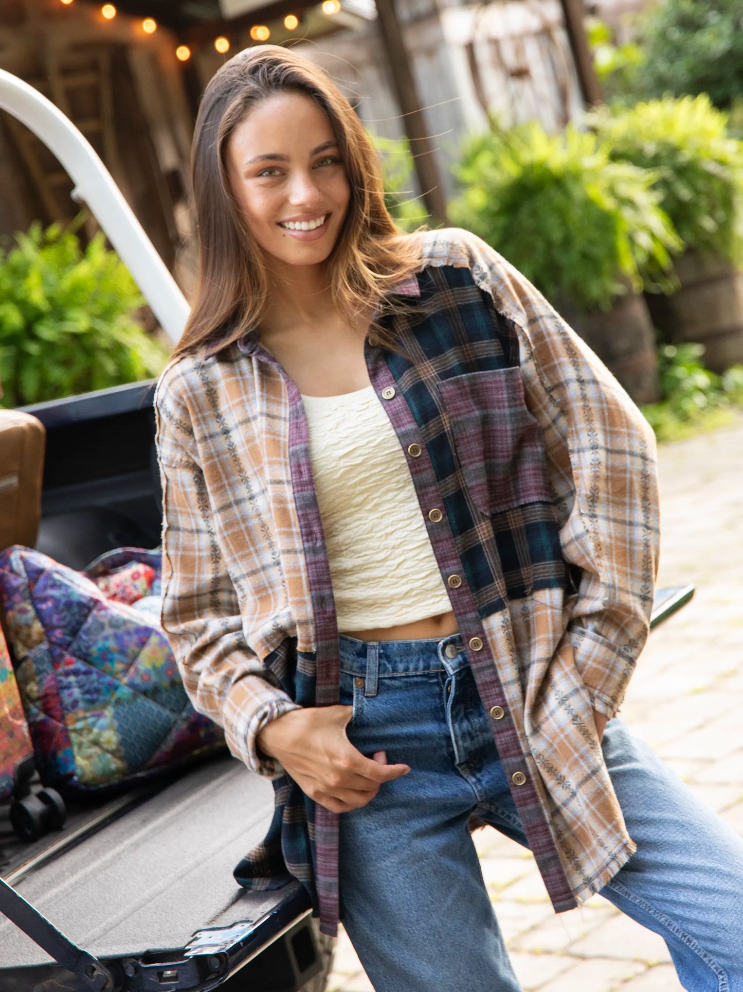 Elliott Mixed Flannel Button Down Top - Tan Navy Mixed Plaid