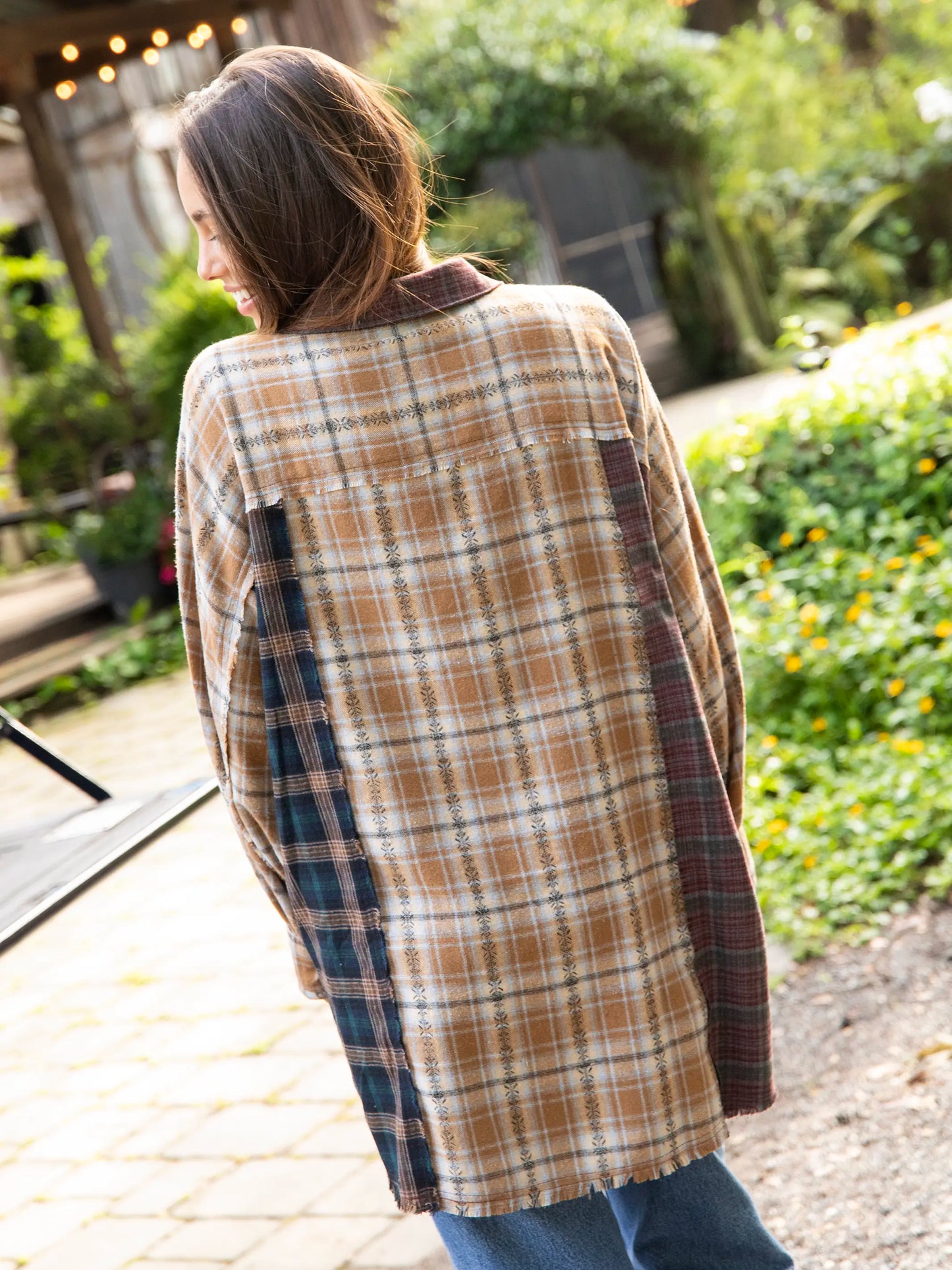 Elliott Mixed Flannel Button Down Top - Tan Navy Mixed Plaid