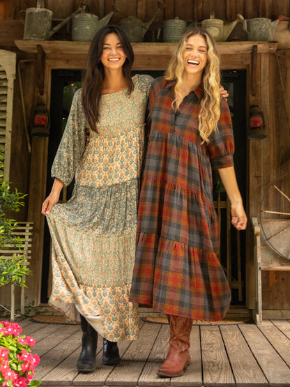 Flannel Rebecca Midi Dress - Black Orange Plaid