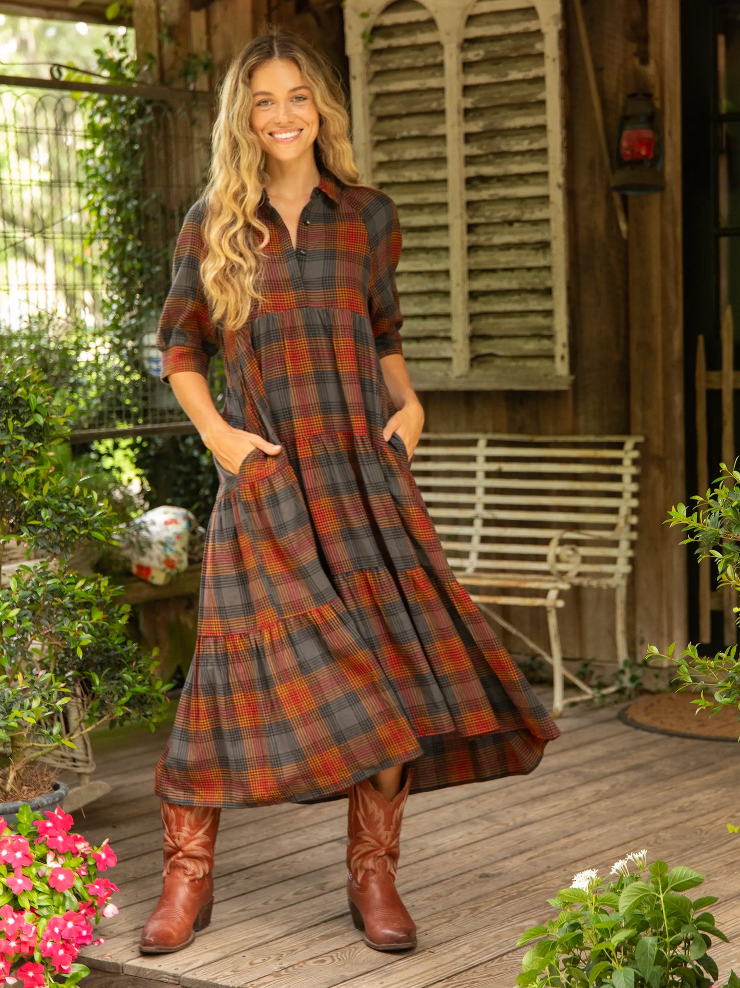 Flannel Rebecca Midi Dress - Black Orange Plaid