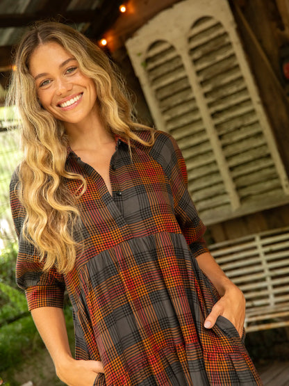 Flannel Rebecca Midi Dress - Black Orange Plaid