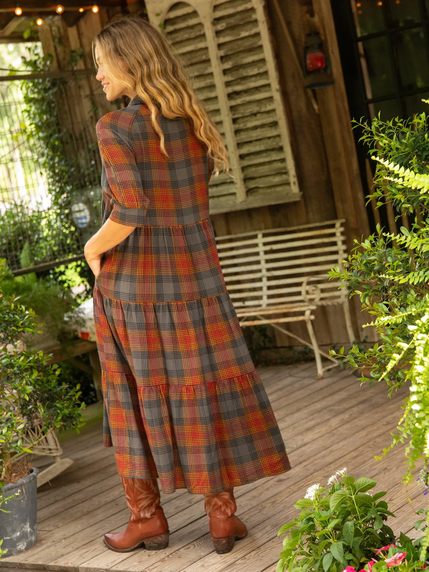 Flannel Rebecca Midi Dress - Black Orange Plaid