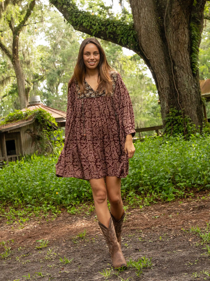 Rose Mini Dress - Brown Olive Mixed Floral