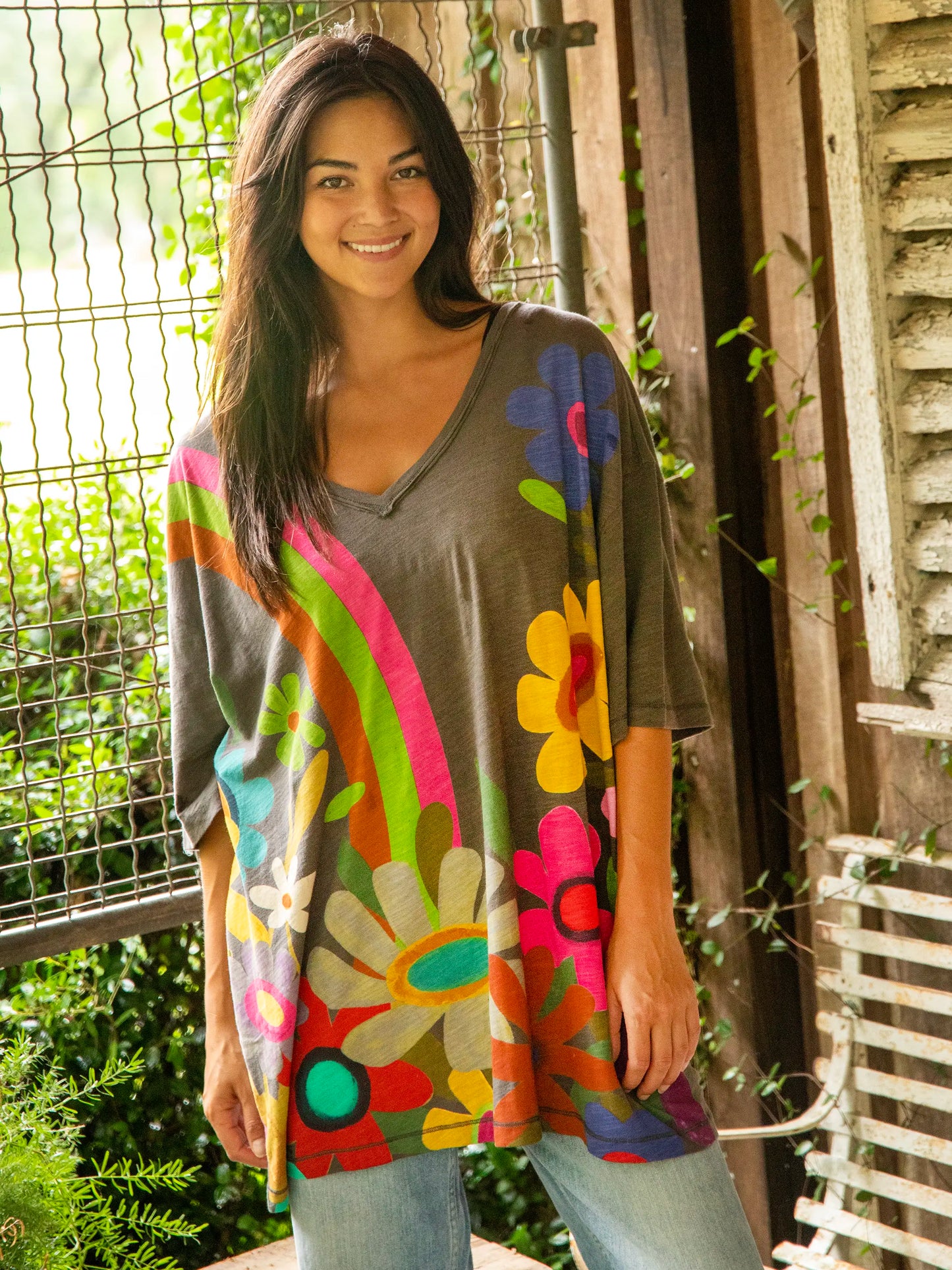 One Size Cotton Easy V-Neck Tee - Charcoal Flowers
