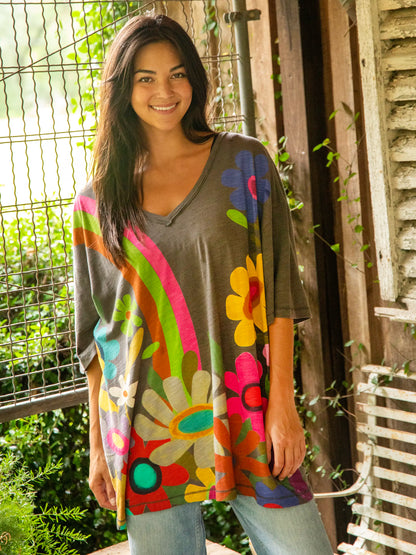 One Size Cotton Easy V-Neck Tee - Charcoal Flowers