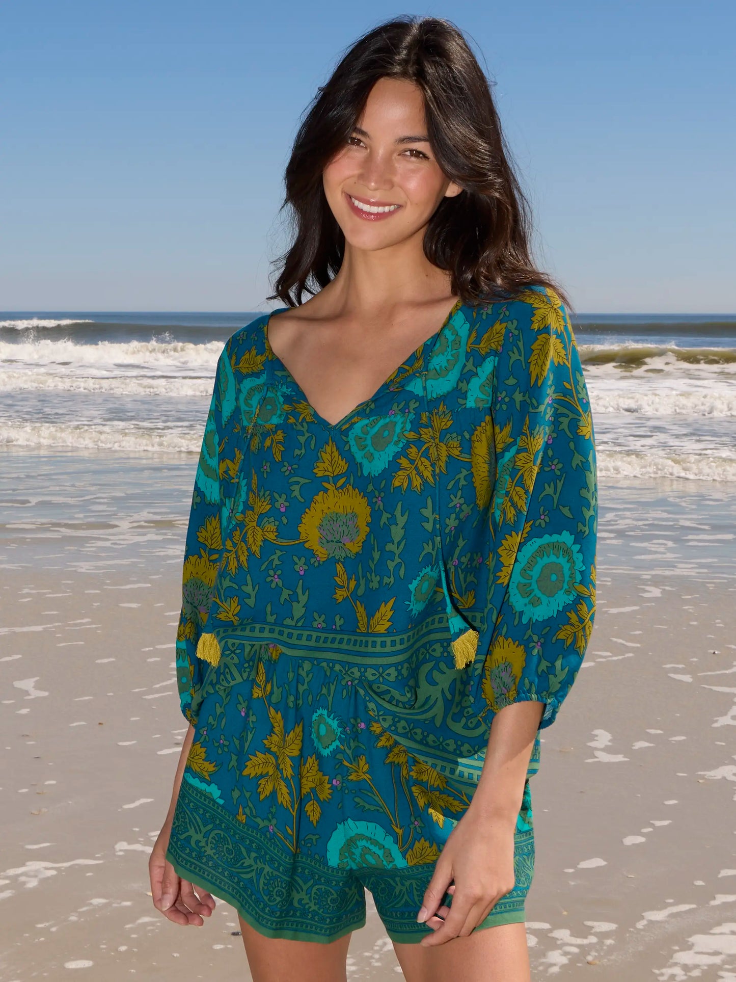 Maribel Shorts - Teal Sage Border