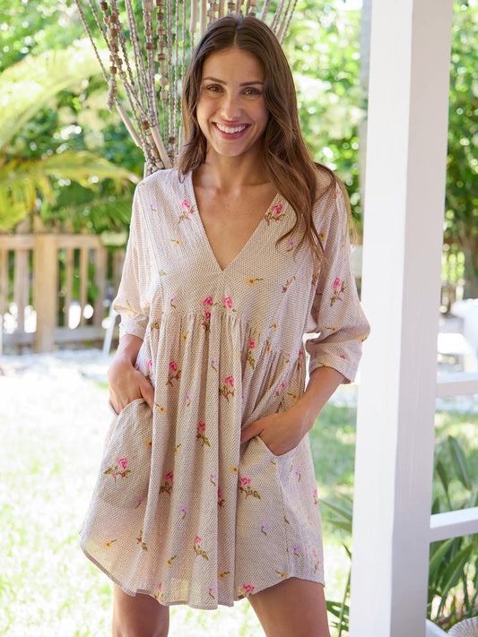 Stella V-Neck Mini Dress - Pin Dot Prairie Cream